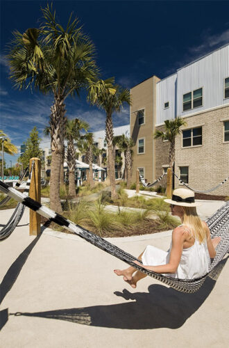 Outdoor lounge featuring hammocks